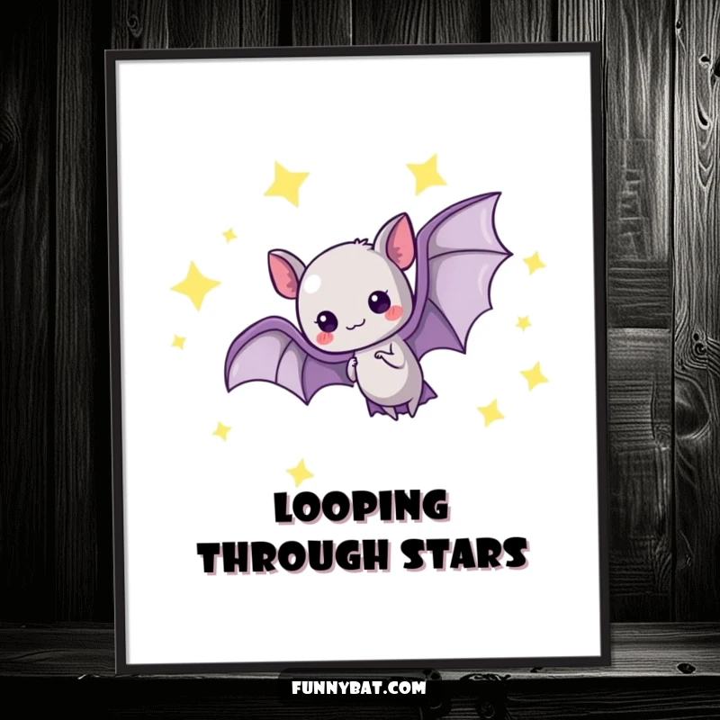 Funny kawaii bat poster capturing a graceful loop-the-loop amidst glowing stars, whimsical celestial wall art.