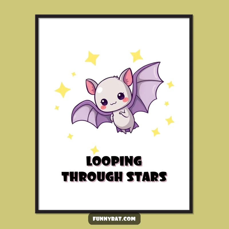Funny Kawaii Bat Poster - Starry Loop Art, Glowing Celestial Decor