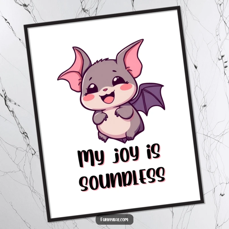 Funny kawaii bat poster capturing a silent, bubbly laugh with wide, expressive eyes, whimsical wall art.