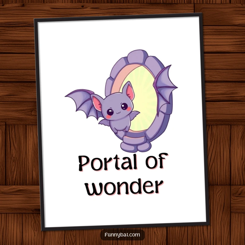 Funny kawaii bat poster, a curious little bat hovering near a mysterious, shimmering portal, wall art.