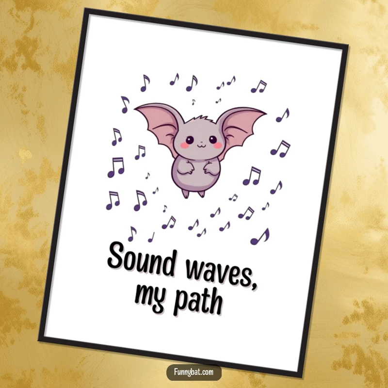 Funny poster featuring a round bat happily surrounded by a symphony of floating musical notes, creating a visually harmonious and cheerful composition.