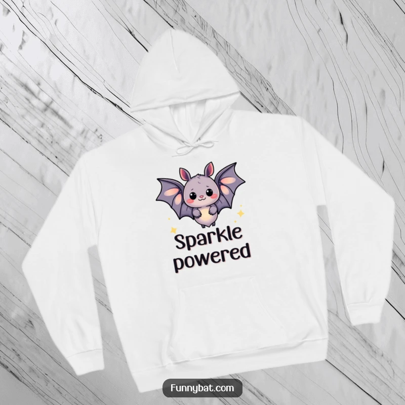 Funny hoodie featuring a whimsical bat radiating a soft, comforting light and emitting cheerful, sparkling particles, perfect for cozy nights.