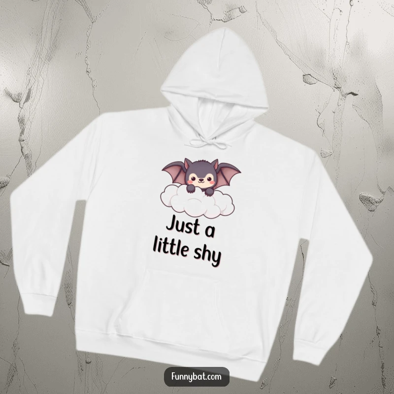 Funny shy kawaii bat hoodie peeking from soft, fluffy clouds, a warm and humorous garment.