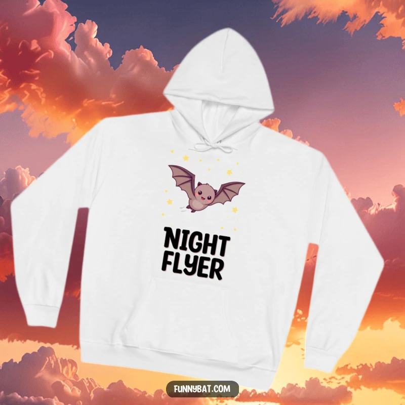 Funny hoodie featuring a cheerful bat zipping through a starry night sky, capturing the excitement of rapid nocturnal movement.