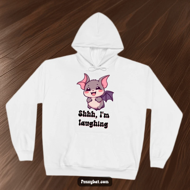 Funny kawaii bat hoodie with a silent, bubbly laugh and expressive eyes, perfect for cozy humor.