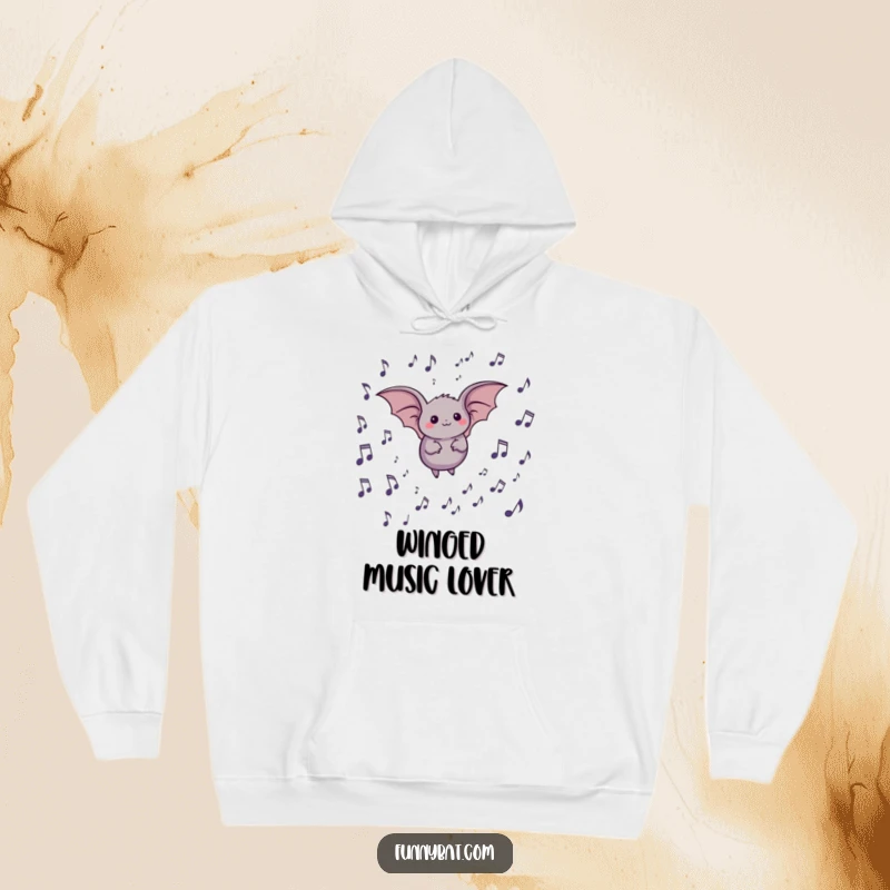 Funny hoodie featuring a happy, round bat flying amidst a vibrant collection of musical notes, radiating musical joy and comfort.
