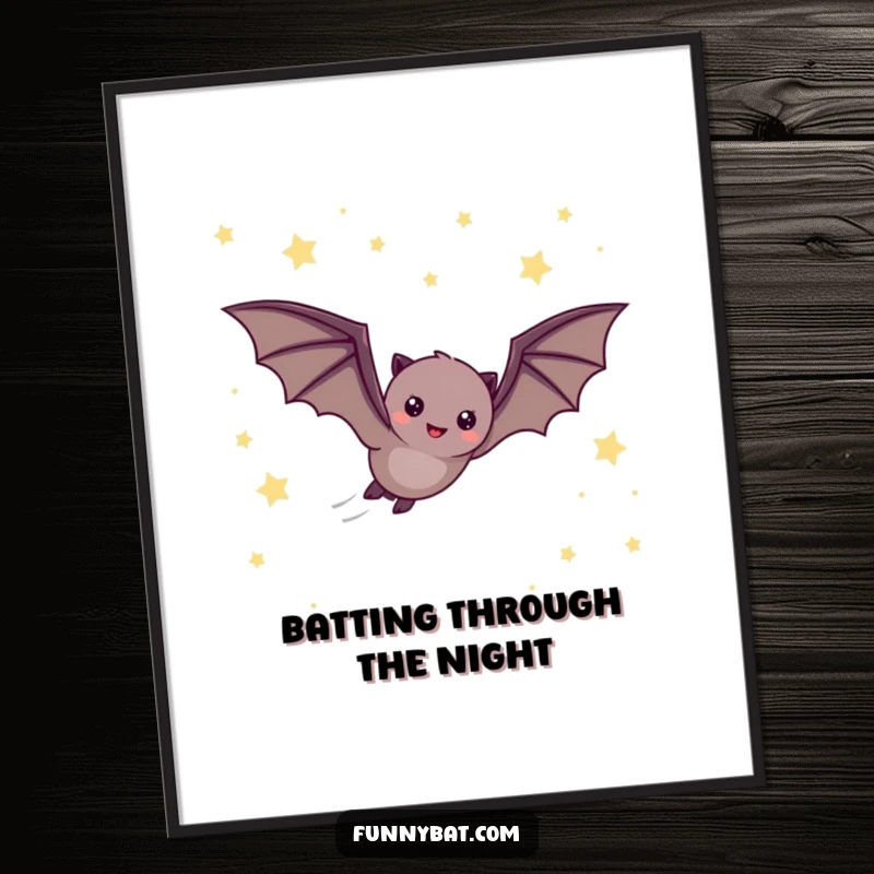 Funny Free Printable Wall Art: A cheerful bat quickly zooming through a vast, dark night sky filled with tiny stars.