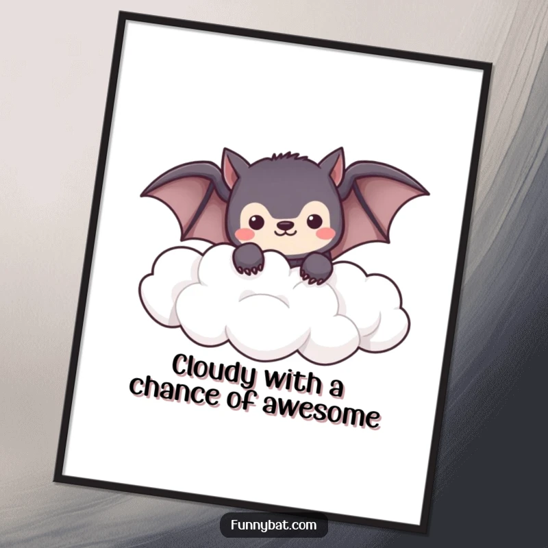Free Printable Wall Art: Cute shy kawaii bat peeking from a fluffy cloud cluster, ideal for dreamy, downloadable decor.