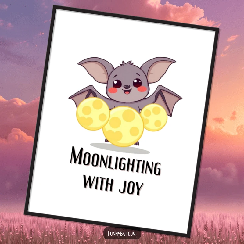 Funny Free Printable Wall Art: A plump bat with gleeful eyes juggling enormous, radiant glowing moons.