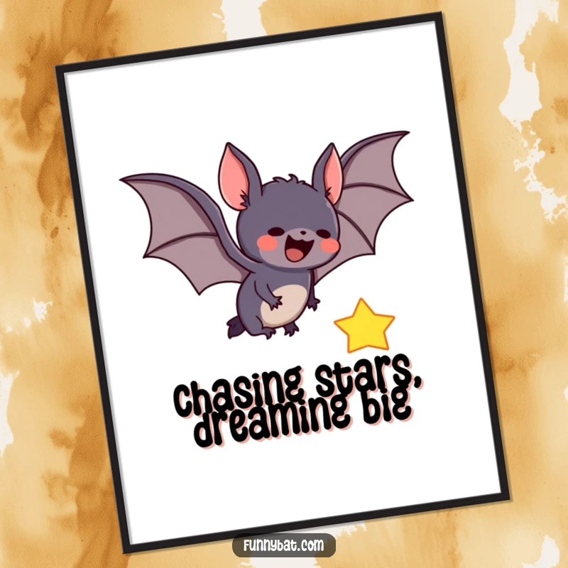 Funny Free Printable Wall Art: A cute bat in mid-air, joyfully catching a luminous falling star.