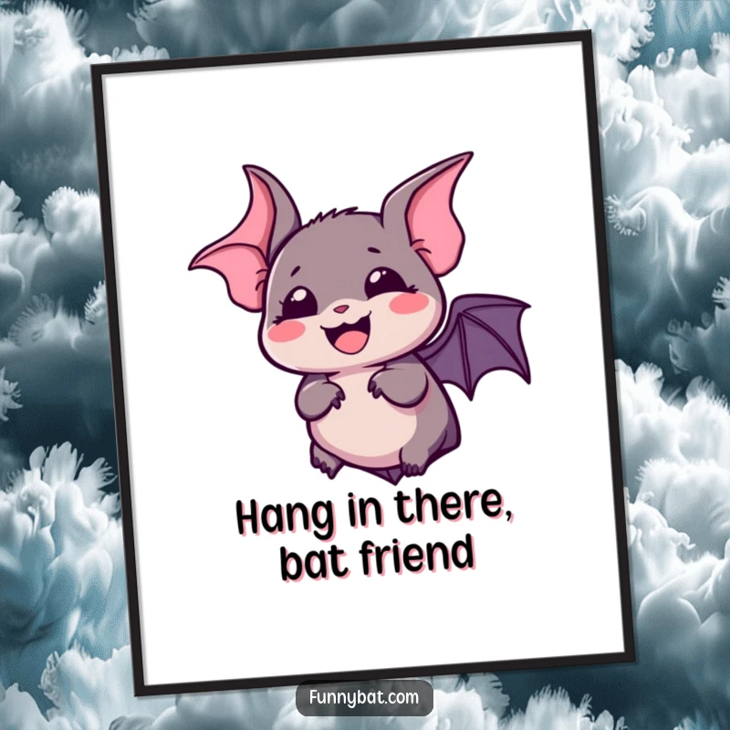 Funny Free Printable Wall Art: Adorable kawaii bat caught mid-silent, bubbly laugh, perfect for whimsical home decor.