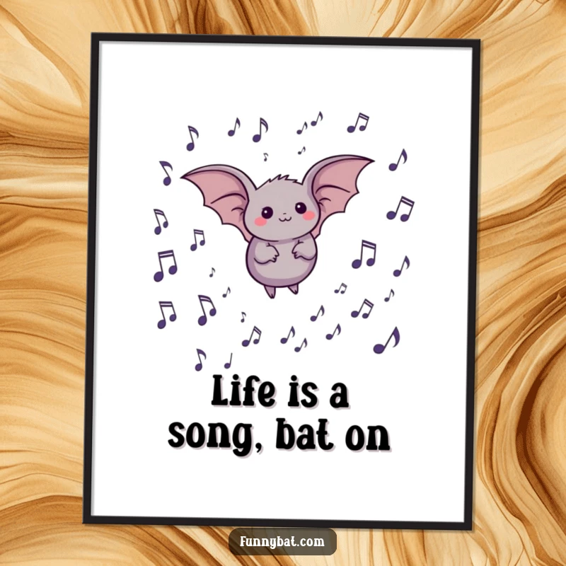 Funny Free Printable Wall Art: A small, round bat happily flying through a whimsical landscape of musical notes.