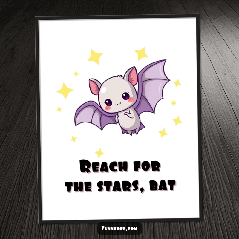 Free Printable Wall Art: Whimsical kawaii bat doing a graceful loop-the-loop surrounded by glowing stars, ideal for celestial decor.
