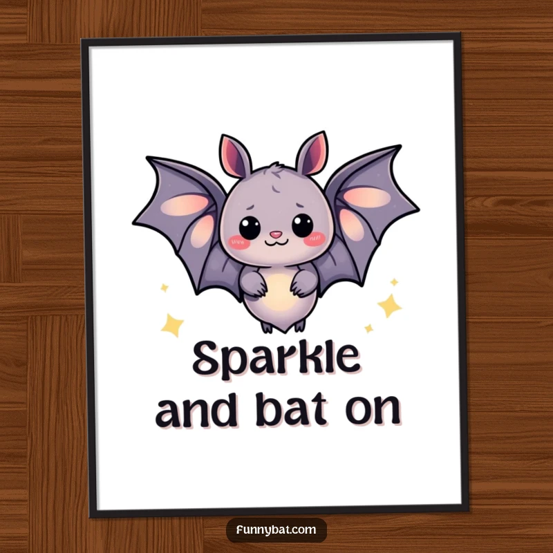 Funny Free Printable Wall Art: A whimsical bat emitting a soft, enchanting glow and happy, twinkling sparkles.