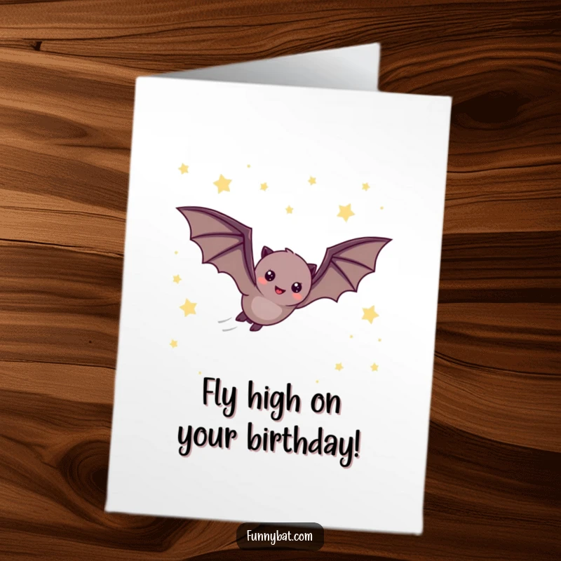 Funny Free Printable Birthday Card: A cheerful bat speeding through a night sky dotted with twinkling stars.