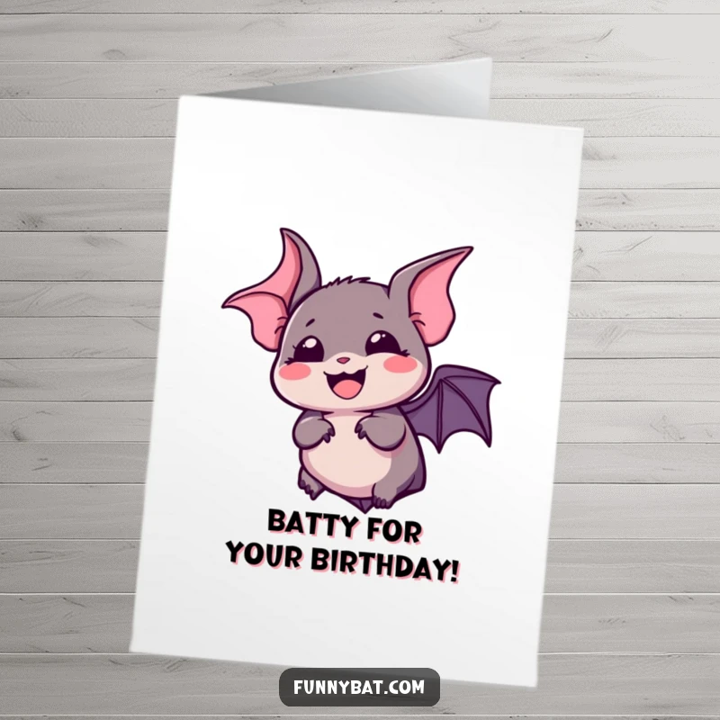 Funny Free Printable Birthday Card: Kawaii Bat silently laughing with wide eyes, perfect for a humorous downloadable gift.