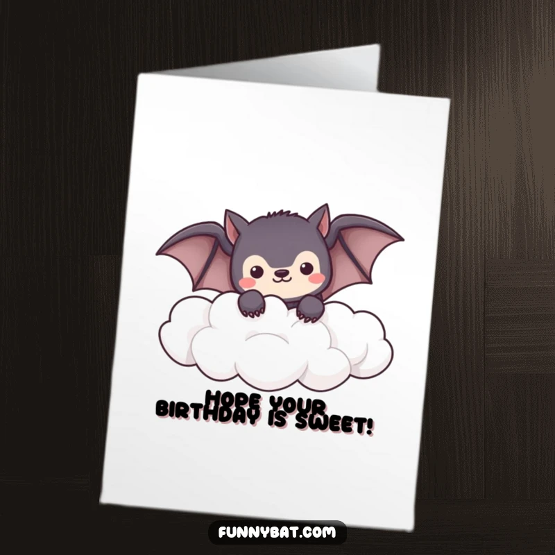 Free Printable Birthday Card: Shy kawaii bat peeking from fluffy clouds, perfect for a sweet and gentle downloadable gift.