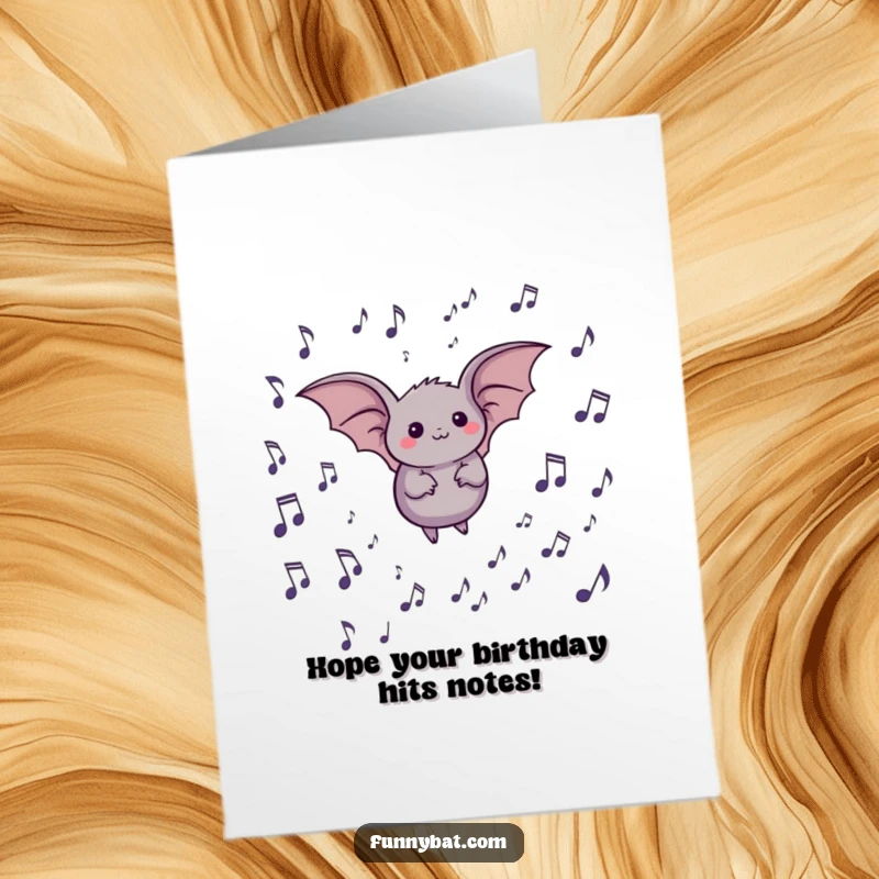 Funny Free Printable Birthday Card: A round bat joyfully flying through a sky of floating musical notes.