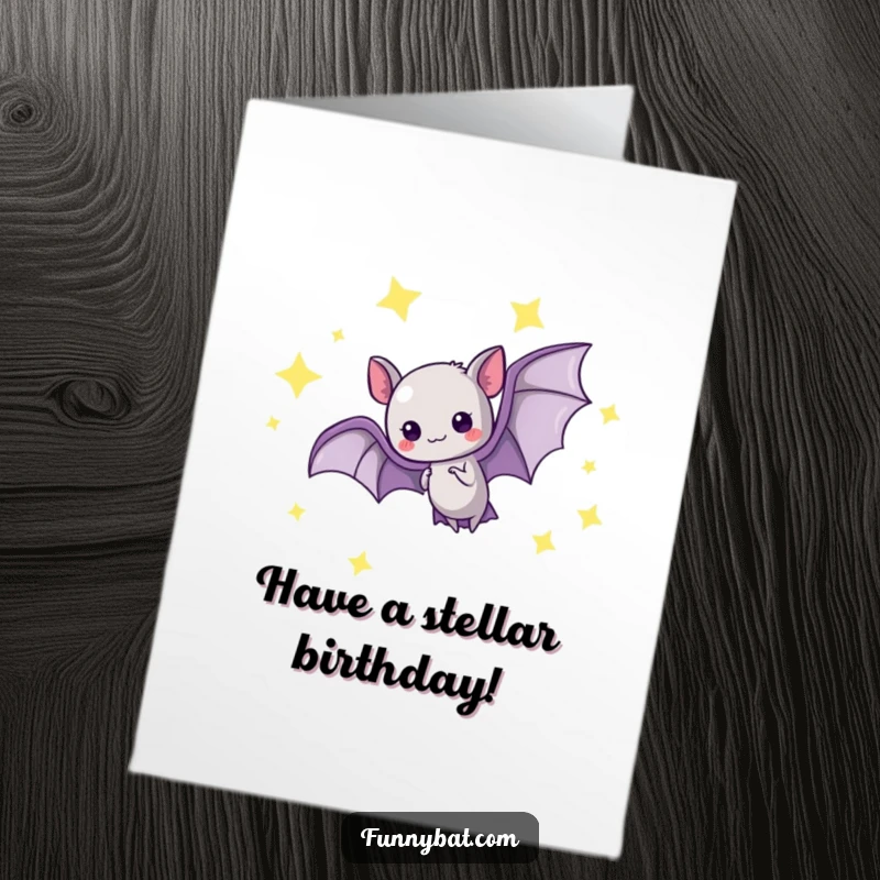 Free Printable Birthday Card: Delightful kawaii bat gracefully loops through glowing stars, perfect for an exciting downloadable gift.