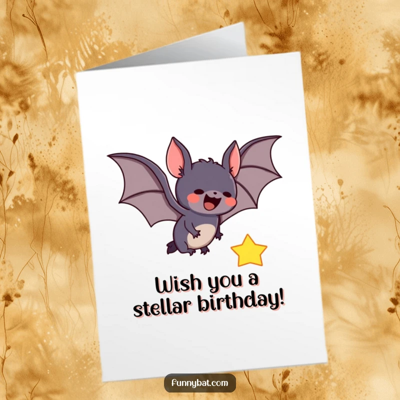 Funny Free Printable Birthday Card: Adorable bat joyfully diving to catch a sparkling falling star.