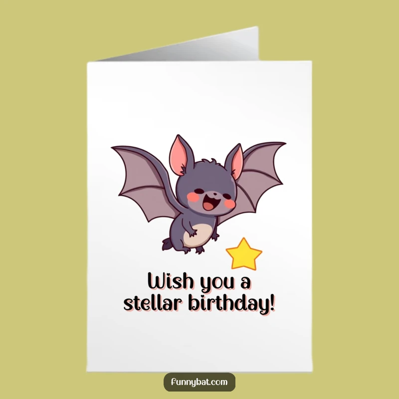 Free Printable Funny Birthday Card: Cute Bat Catching Star Fun Downloadable Gift