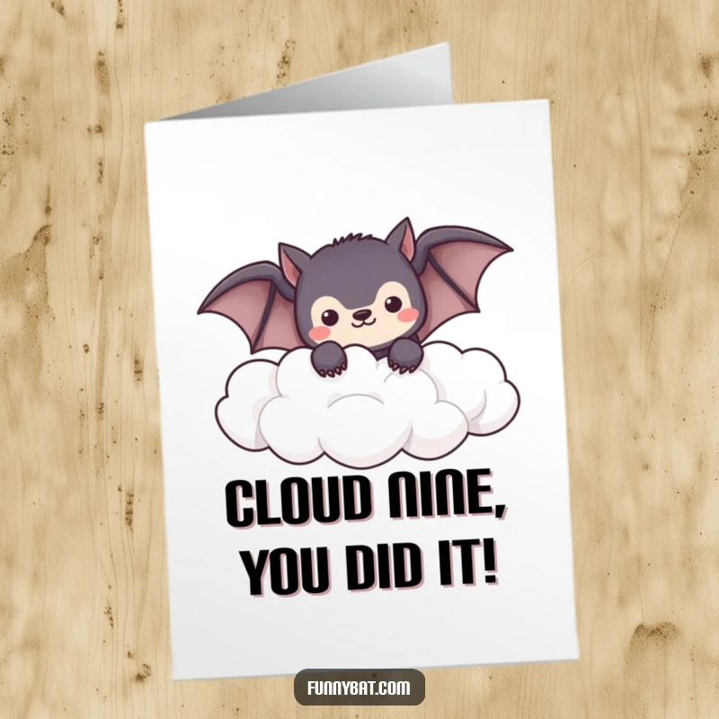 Free Printable Congrats Card: A shy kawaii bat peeking from soft clouds, ideal for a sweet, thoughtful downloadable gift.