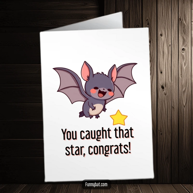 Funny Free Printable Congrats Card: Cute bat excitedly swooping to catch a bright falling star.