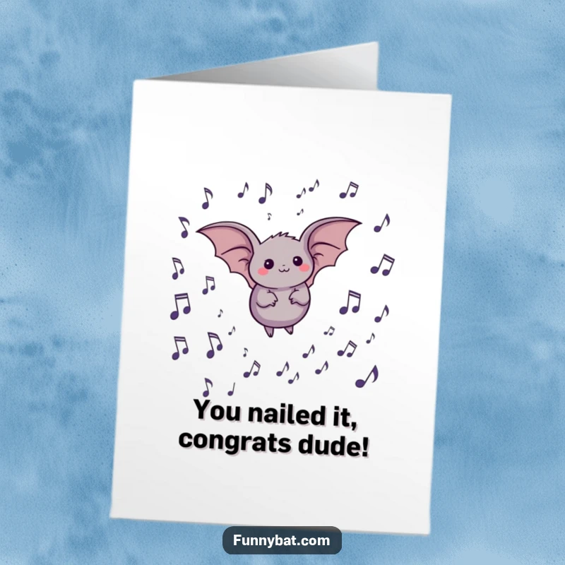 Funny Free Printable Congrats Card: Small, round bat happily soaring amidst a symphony of musical notes.