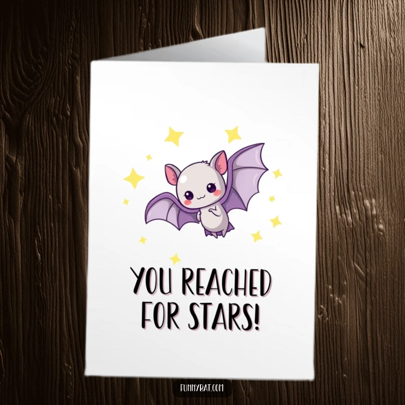 Free Printable Congrats Card: Kawaii bat performing a graceful loop-the-loop among twinkling stars, perfect for a stellar downloadable gift.