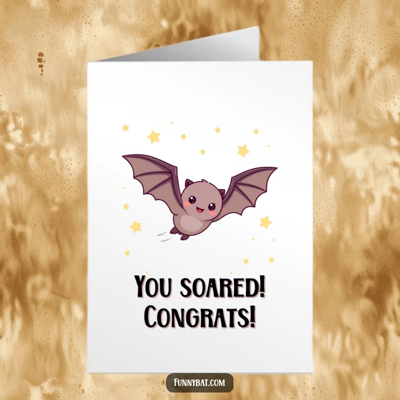 Funny Free Printable Congrats Card: A cheerful bat flying rapidly across a majestic, star-filled night sky.