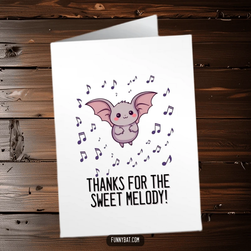 Funny Free Printable Thank You Card: A cheerful bat navigating a delightful field of floating musical notes.