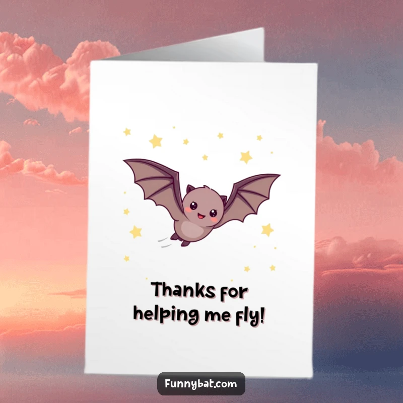 Funny Free Printable Thank You Card: A cheerful bat zooming past twinkling stars in the night sky.