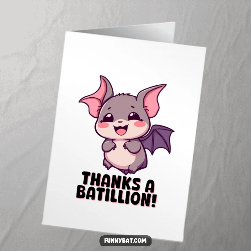 Funny Free Printable Thank You Card: Kawaii Bat with wide, expressive eyes, silently laughing, perfect for a humorous thank you.