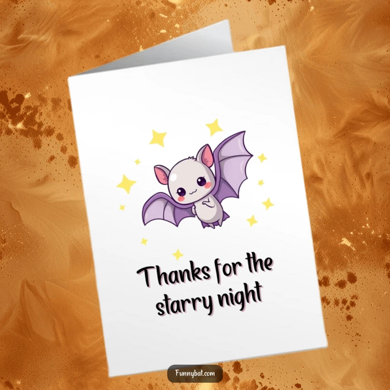 Free Printable Thank You Card: Adorable kawaii bat doing a graceful loop-the-loop amidst glowing stars, perfect for a starry downloadable thank you.