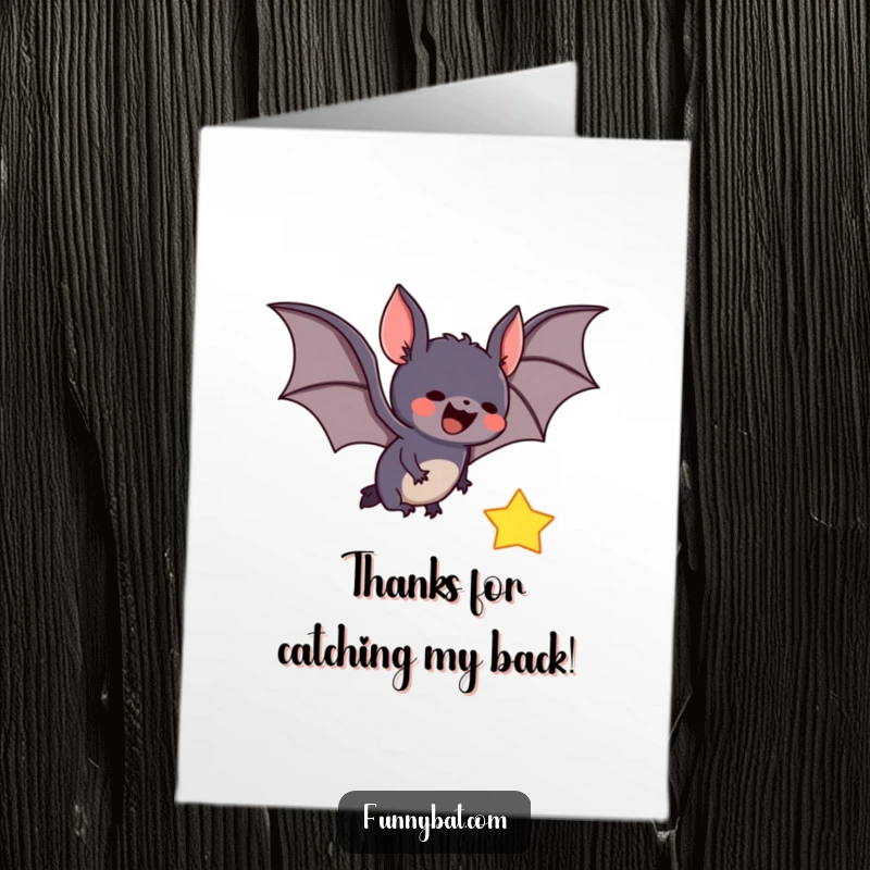 Funny Free Printable Thank You Card: Adorable bat gleefully snatching a shiny falling star.