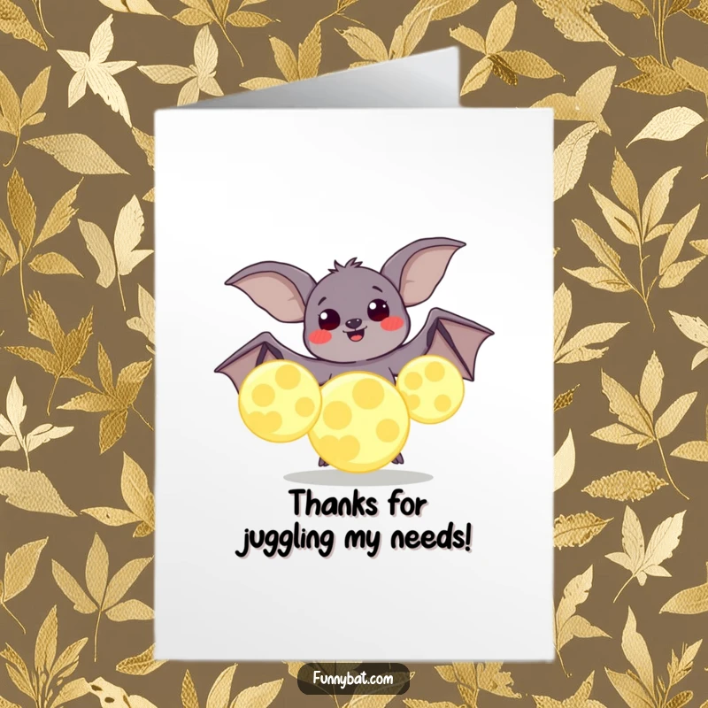 Funny Free Printable Thank You Card: A plump bat with joyful eyes juggling massive, luminous moons.