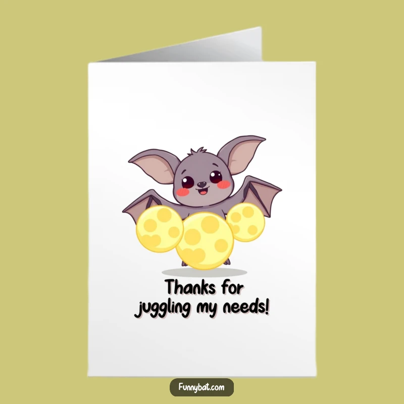 Free Printable Funny Thank You Card: Bat Moon Juggle Gratitude Downloadable Gift