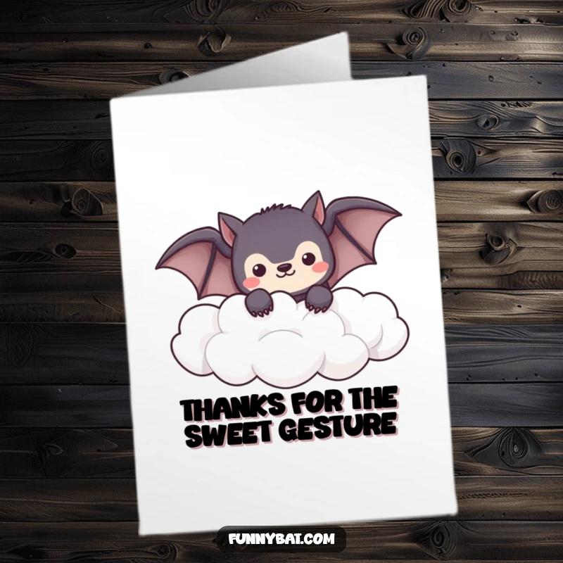 Free Printable Thank You Card: Adorable shy kawaii bat peeking out from fluffy clouds, perfect for a gentle downloadable thank you.