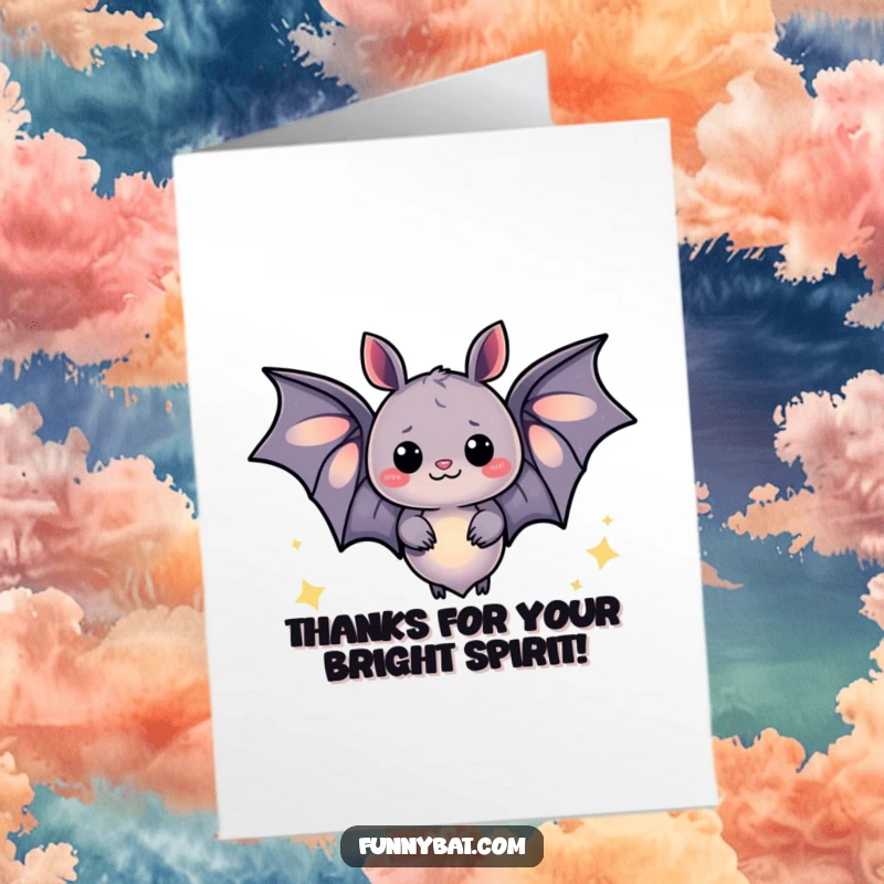 Funny Free Printable Thank You Card: A whimsical bat glowing softly and emitting happy, glittery sparkles.