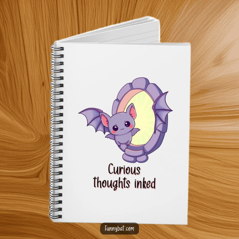 Funny kawaii bat notebook, a curious little bat hovering near a mysterious, shimmering portal, stationery.