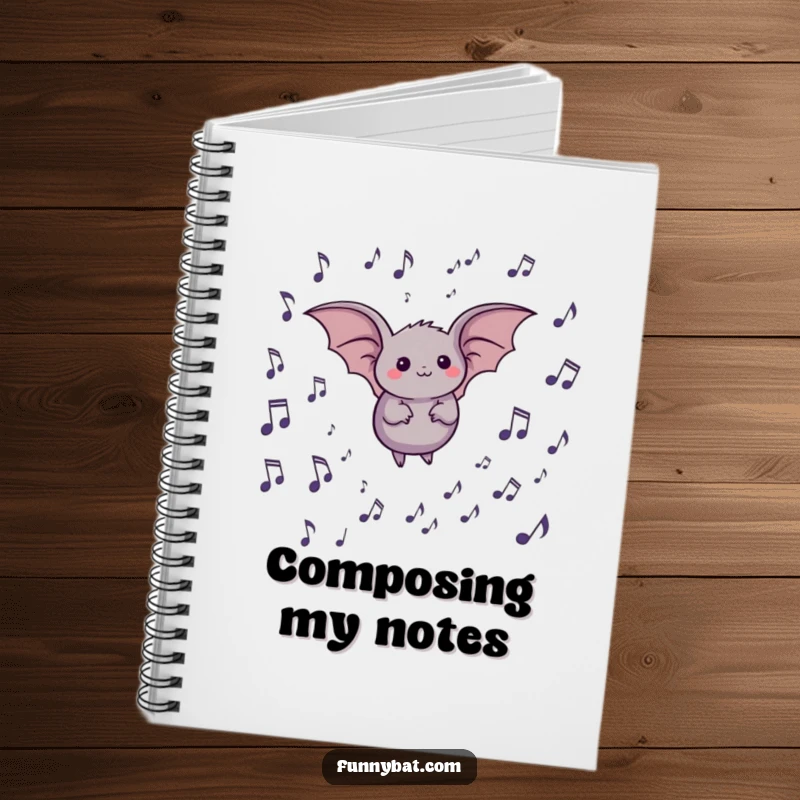 Funny notebook cover with a round bat happily navigating a field of floating musical notes, perfect for musical journaling.