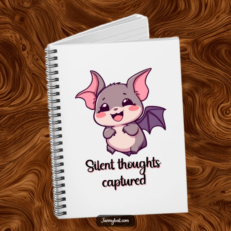 Funny kawaii bat notebook with a silent, bubbly laugh and wide, expressive eyes, ideal for journaling.