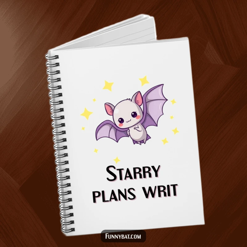 Funny kawaii bat notebook featuring a graceful loop-the-loop amidst glowing stars, ideal for journaling.