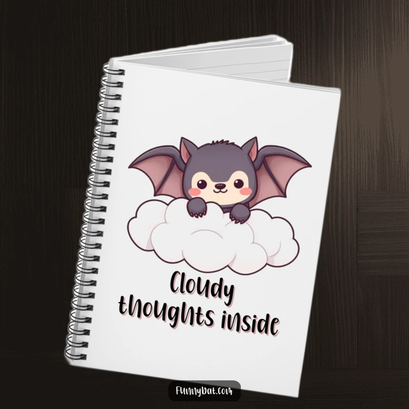 Funny shy kawaii bat notebook peeking from soft, fluffy clouds, ideal for journaling and notes.