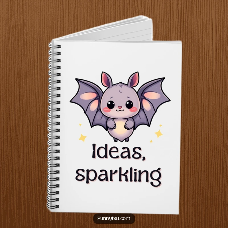 Funny notebook cover featuring a whimsical bat emitting a soft glow and happy sparkles, perfect for journaling magical thoughts.