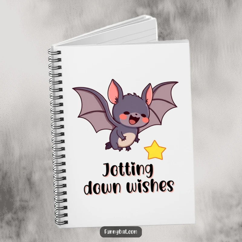 Funny notebook cover with a cute bat swooping to catch a falling star, designed for journaling celestial thoughts and dreams.