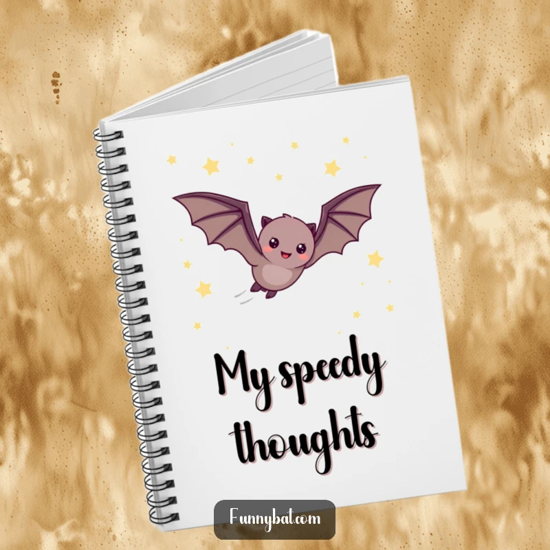 Funny notebook cover with a cheerful bat zooming through a night sky filled with tiny, twinkling stars, perfect for adventure journaling.