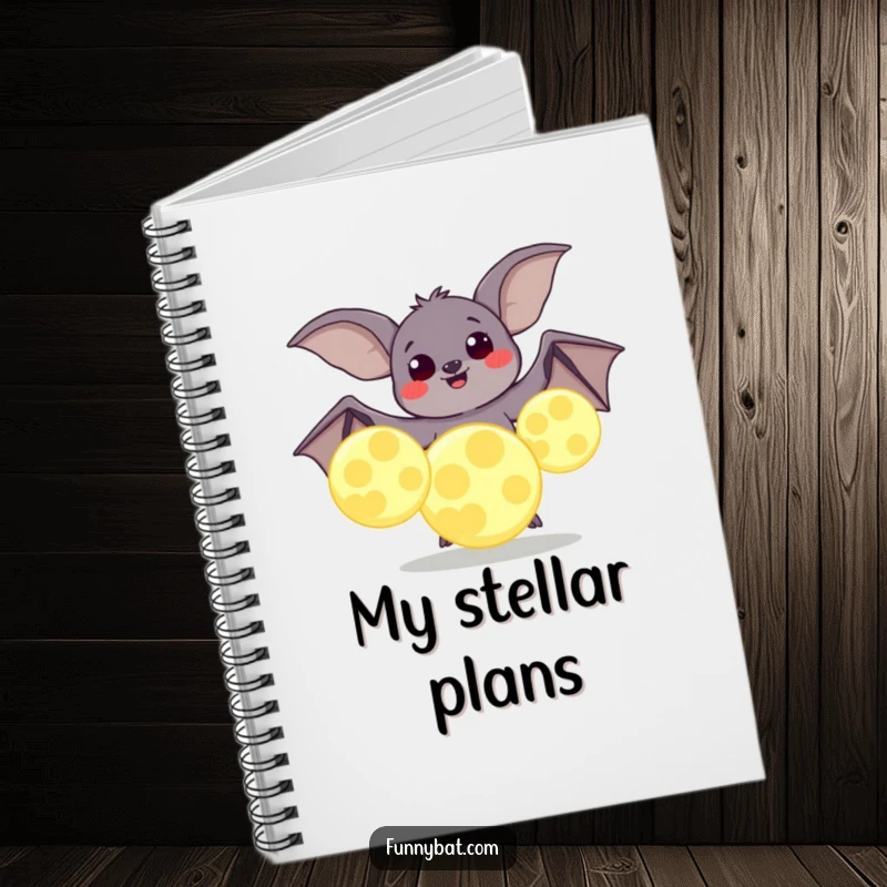 Funny notebook cover with a plump bat joyfully juggling oversized, glowing moons, perfect for cosmic journaling and planning.