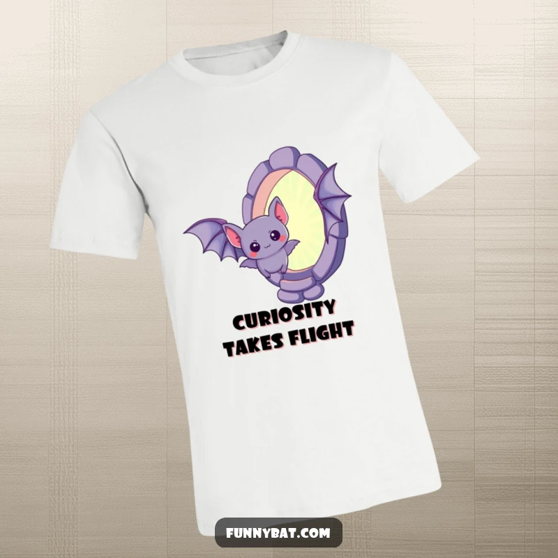 Funny kawaii bat t-shirt, a curious little bat hovering near a mysterious, shimmering portal, cute and enchanting.