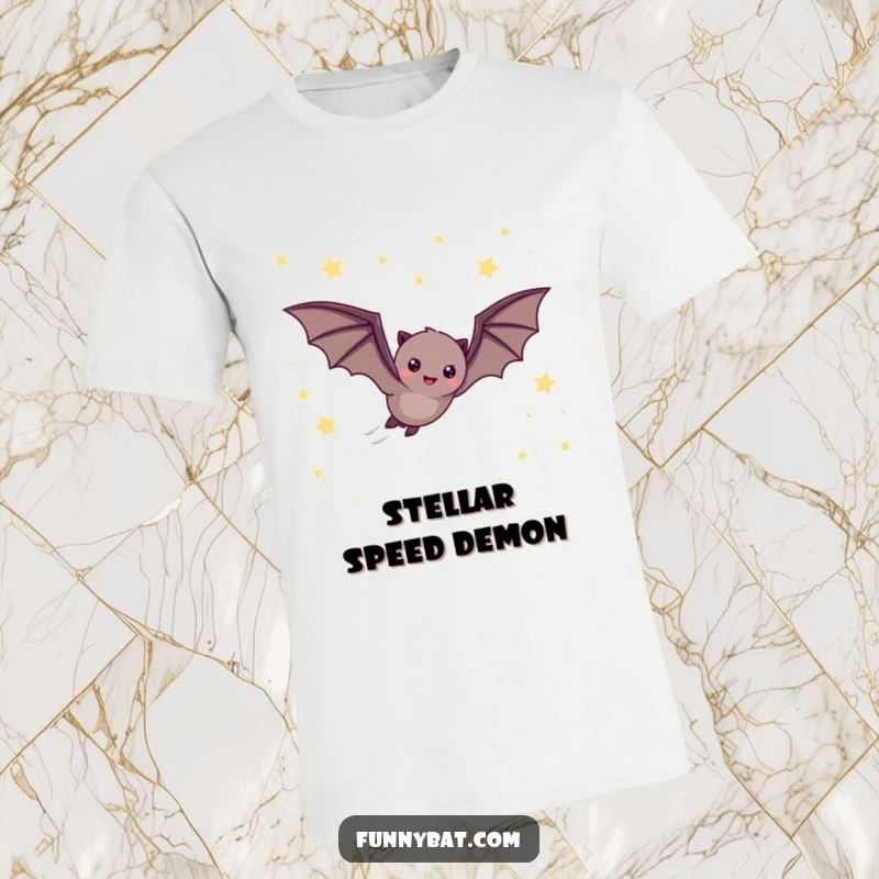 Funny t-shirt showing a cheerful bat quickly zooming through a dark night sky filled with countless tiny, sparkling stars.